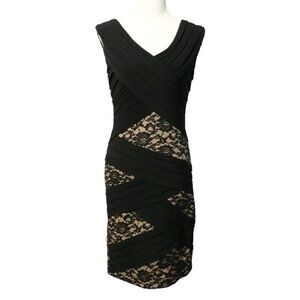 Adrianna Papell Black and Tan Sleeveless Lace Tiered Sheath Dress Size 8